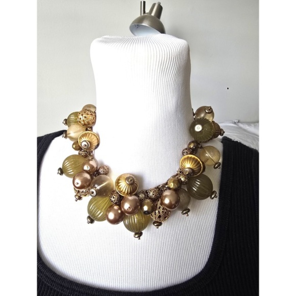 Gold Bronze Amber‎ Chunky Bead Cluster Statement Necklace Hook Clasp Bib Style